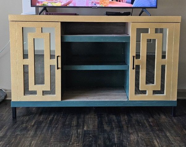 Green/Gold 34" High TV Stand w/Shelves & Storage Cabinets