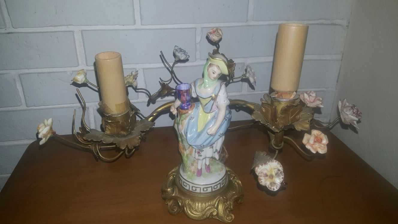 Hand Painted Porcelain and Bronze 2 light lamp by Dresden Early 1900's