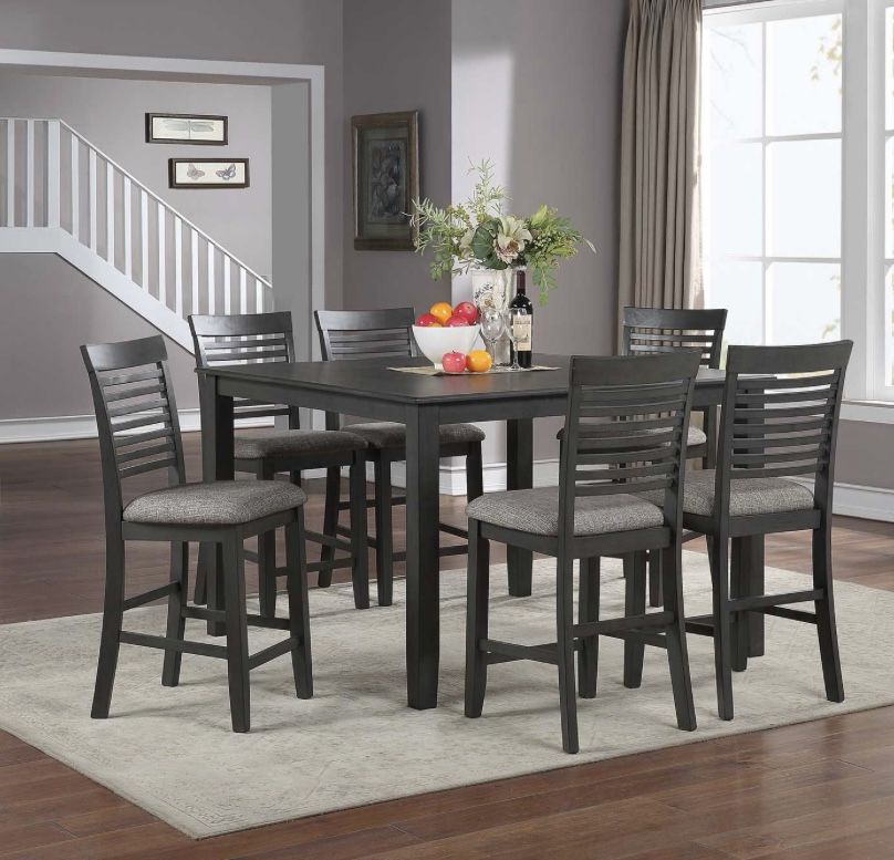 7 Piece Counter Height Dining Set Grey Wood And Cloth