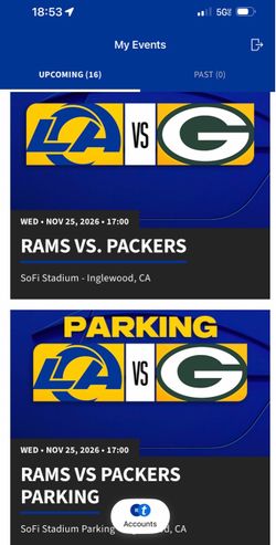 Rams Green Bay Packers 2 tickets plus Parkin