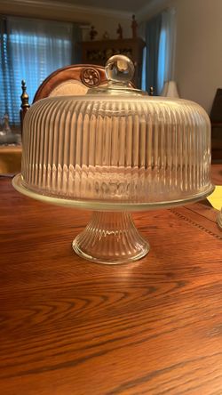 Anchor Hocking Monaco Crystal ribbed Glass Cake stand + dome set