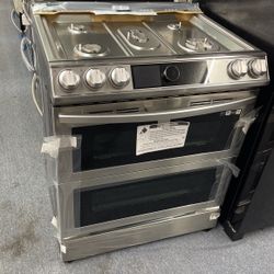New Scratch And Dent Samsung 5 Burner Gas Stainless Steel Double Oven Slide In Range. 1 Year Warranty 