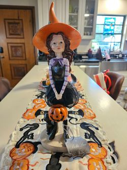Vintage Style Halloween Witch Figurine, Pumpkin Bucket & Cat Decor