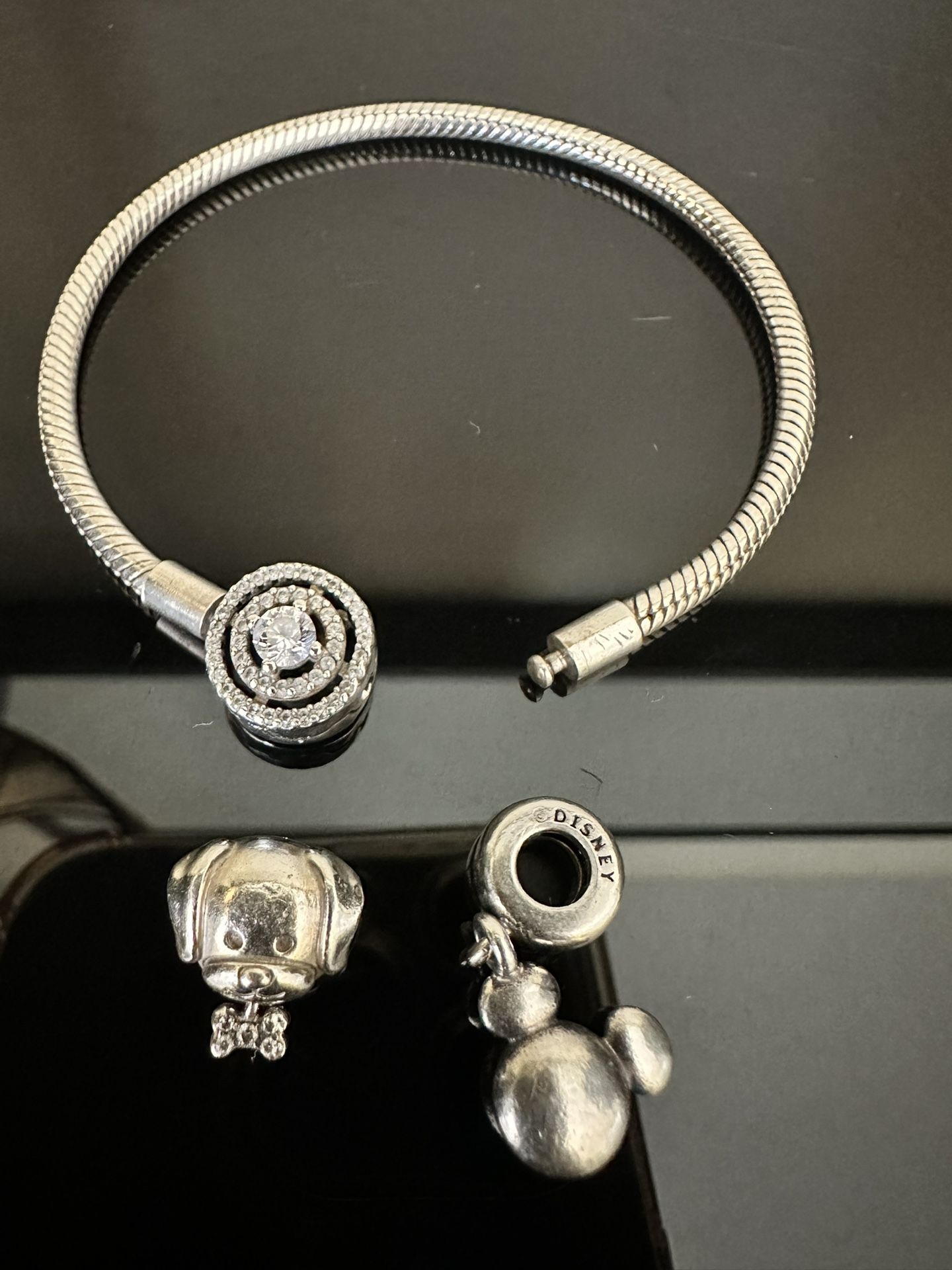 Pandora Moments Halo Snake Chain Bracelet Sterling silver + 2 Pandora charms = Pet Dog & Bone Charm AND Mickey