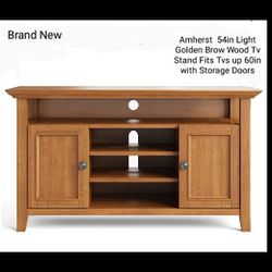 Brand New Project 62 Amherst 54" Light Golden Brow Wood Tv Stand Fits Tvs Up 60"In Whit Storage Doors