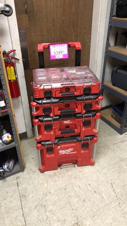 1003 Milwaukee 4 Piece Packout Modular Rolling Tool Storage System W/ Miscellaneous Tools & accessories In Boxes 594548