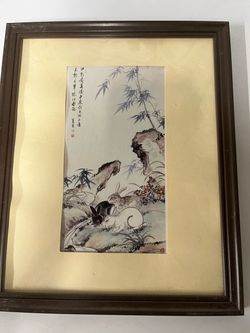 Framed Chinese Ink Painting Rabbits and Bamboo