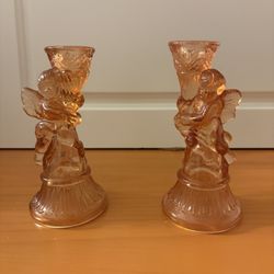 2 pcs set Pink Depression Glass Candleholders Cherubs  6 1/4” High
