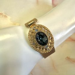 Vintage Blue Rhinestone Gold Tone Mesh Bracelet  