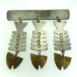 VTG Sterling Silver - MEXICO TAXCO Three Hanging Fish Skeletons Brooch 28 Grams