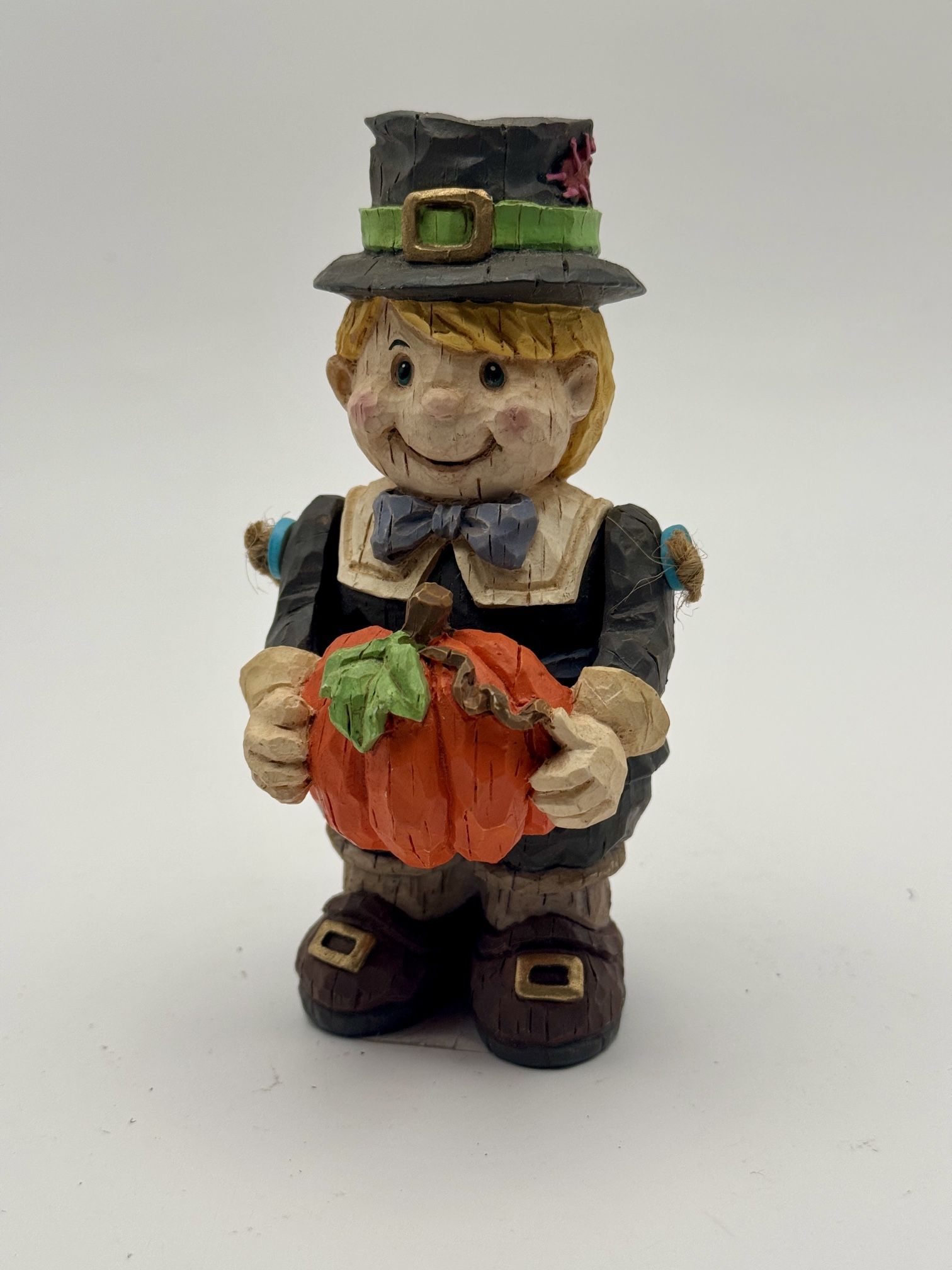 Charming Pilgrim Boy Figurine with Pumpkin, Harvest/Thanksgiving - 5.5”