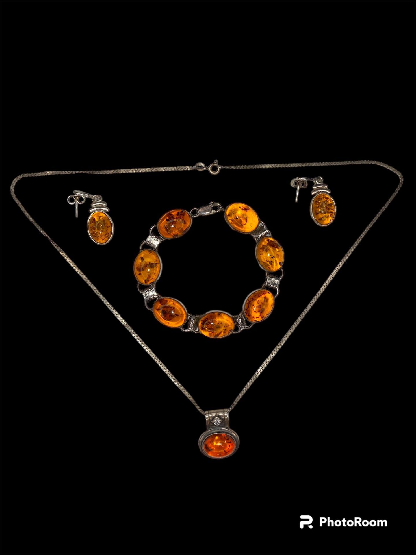 Vintage Amber Necklace Bracelet And Earrings Set Sterling Silver