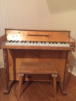 Antique Casspinette Child's Toy Wooden Piano with Bench