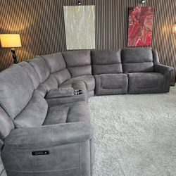 LIKE NEW- 6 Piece Gray Carlin Ultra Soft Suede Fabric Power Reclining Sectional with Power Headrests