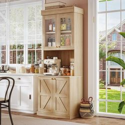 71" Tall Farmhouse Storage Cabinet with Glass , Bookcase with Adjustable Shelves and Countertop, Freestanding Coffee Bar Cabinet for Living