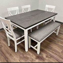 ✅️✅️(6 pc white & grey finish wood dining table set grey padded seat chairs and bench✅️✅️