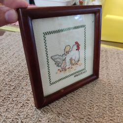 VINTAGE HANDSTITCHED HEN & CHICKS FRAMED