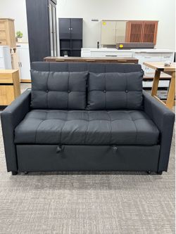 52" Linen 3-in-1 Convertible Sleeper Sofa with Pull Out Bed, Stepless Adjustable Backrest & Side Pocket（Black）  💰199$