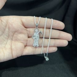 925 Sterling Silver Small CZ Santa Muerte Grim Reaper & Curb Chain