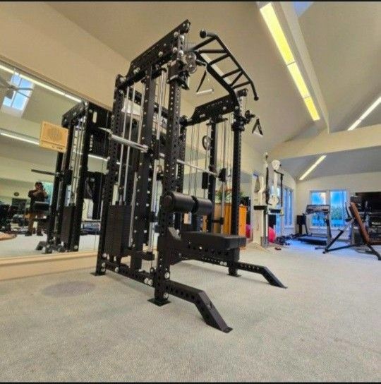 NEW Squat Rack Smith Machine Functional Trainer Cable Cross Over Adjustable Bench Press 45lb Barbell Bumper Plates Home Gym