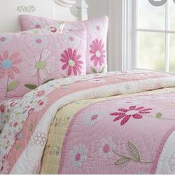 Pottery Barn Kids Pink Daisy Garden Quilted Bedding, Full Queen and Shams