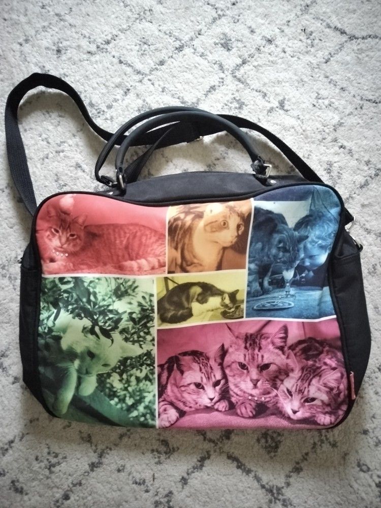LIFE Cat Print Shoulder Bag – Colorful Photo Collage – Black Laptop/Travel Tote