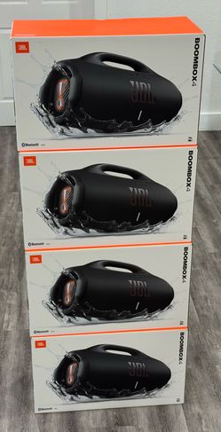 New JBL Boombox 4 portable speaker in original box. This blue speaker has up to 24 hours of playtime and IP67 waterproof and dustproof rating. It incl