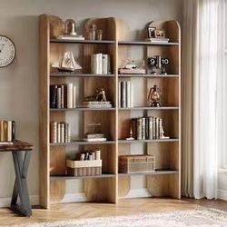 ❤️‍🔥 70.87 in. Tall Light Brown Wood Double Wide Bookcase with 10 Black Open Shelves, Farmhouse Freestanding Bookshelf$100
