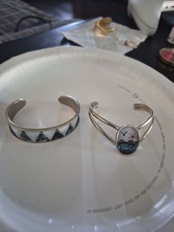 Silver tone  Cuff Bracelets with Abalone Inlay – Set of 2