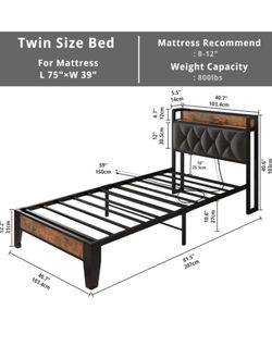Twin Bed Frame, Upholstered Tufted Headboard, Storage Shelves & Charging Station, No Box Springs Needed, Sturdy, Noise-Free, Modern Vintage Style