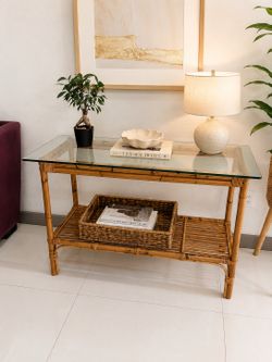 Rattan/Bamboo Console Table with Glass Top – Excellent Condition