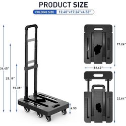 Folding Hand Truck Portable Dolly for Moving, 500LB Luggage Cart Dolly with 6 Wheels & 2 Bungee Cords for Travel, Moving, Shopping Use, Black