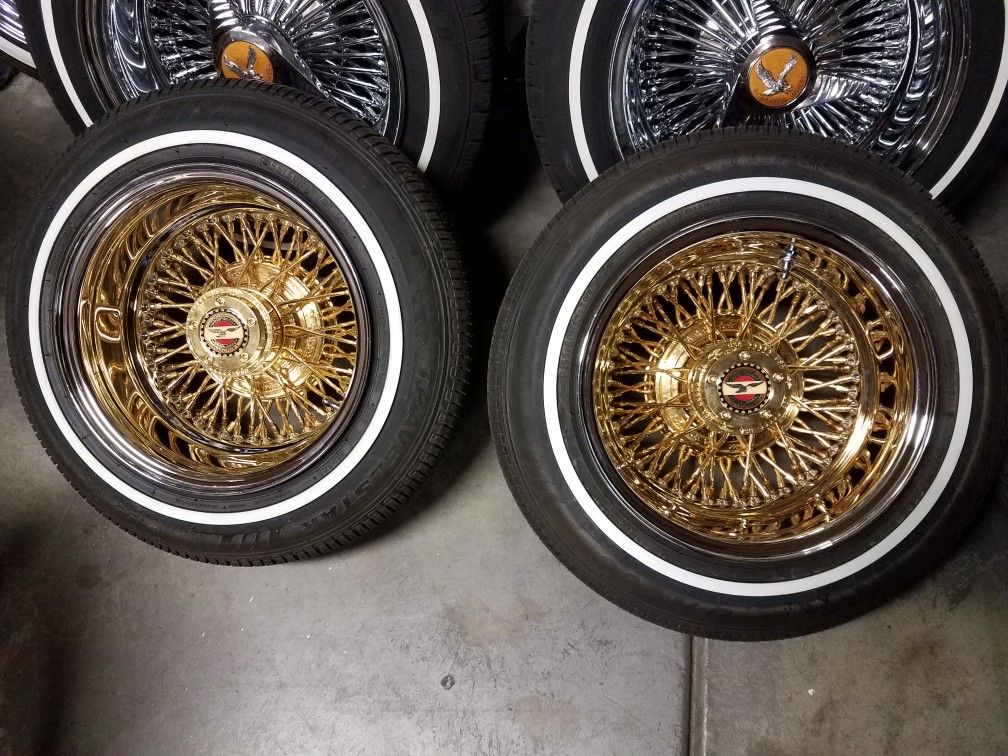 13x7 zenith style Center gold crosslace 72 spoke wire rims white wall