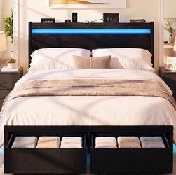 Queen Bed Frame with Drawers, Platform Bed with LED Lights & Charging Station, Wood Headboard, Strong Metal Slats Support, No Box Spring Needed, Noise