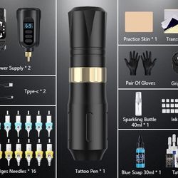 Wireless Tattoo Gun Kit W/ 2 Batteries, Cartridges, Ink & More!