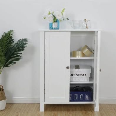 New White Wooden Bathroom Floor Cabinet Storage Cupboard 3 Shelves Save Space