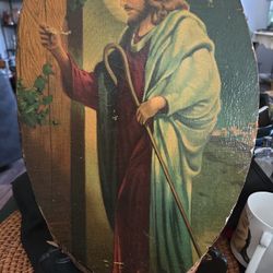 Vtg Jesus Knocking on a Door Artwork On raw Wood by Victor Guinness 