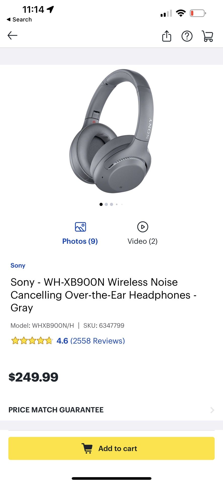 Sony - WH-XB900N Wireless Noise Cancelling Over-the-Ear Headphones - Gray