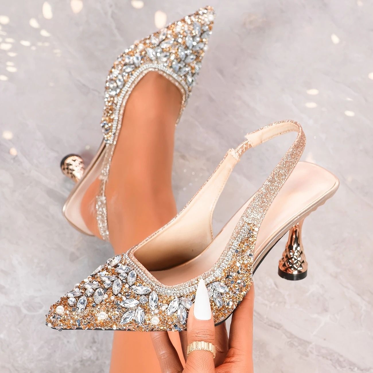 Pointed Toe High Heels Champagne Women's Champagne Rhinestone