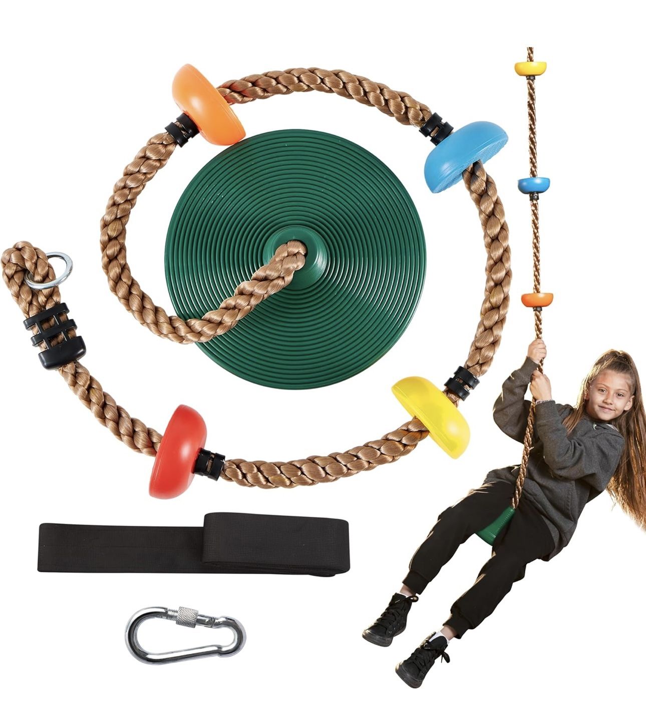 TURFEE Tree Swing for Kids - Single Disc Seat and Climbing Rope Set w/Carabiner & 4 Ft Strap - Treehouse and Outdoor Playground Accessories - Green 