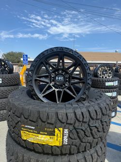 PACKAGE RIMS AND TIRES RIMS DWG MATTE BLACK 17X9 6X139 OFFSET 1 ➖ 4 NEW TIRES LT285/70/17 HEADEAY RT (4) NEW TIRES INSTALLATION AND BALANCE
