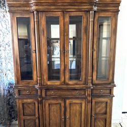 Ashley Solid Wood Buffet And Hutch With Light Top And Glass Shelves 