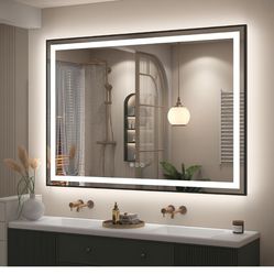 OKPAL 50x40 Black Lighted Mirrors for Bathroom Wall, Framed LED Bathroom Mirror, Defogger, Dimmable, Shatterproof, Memory, 3 Colors, ETL Listed (Front