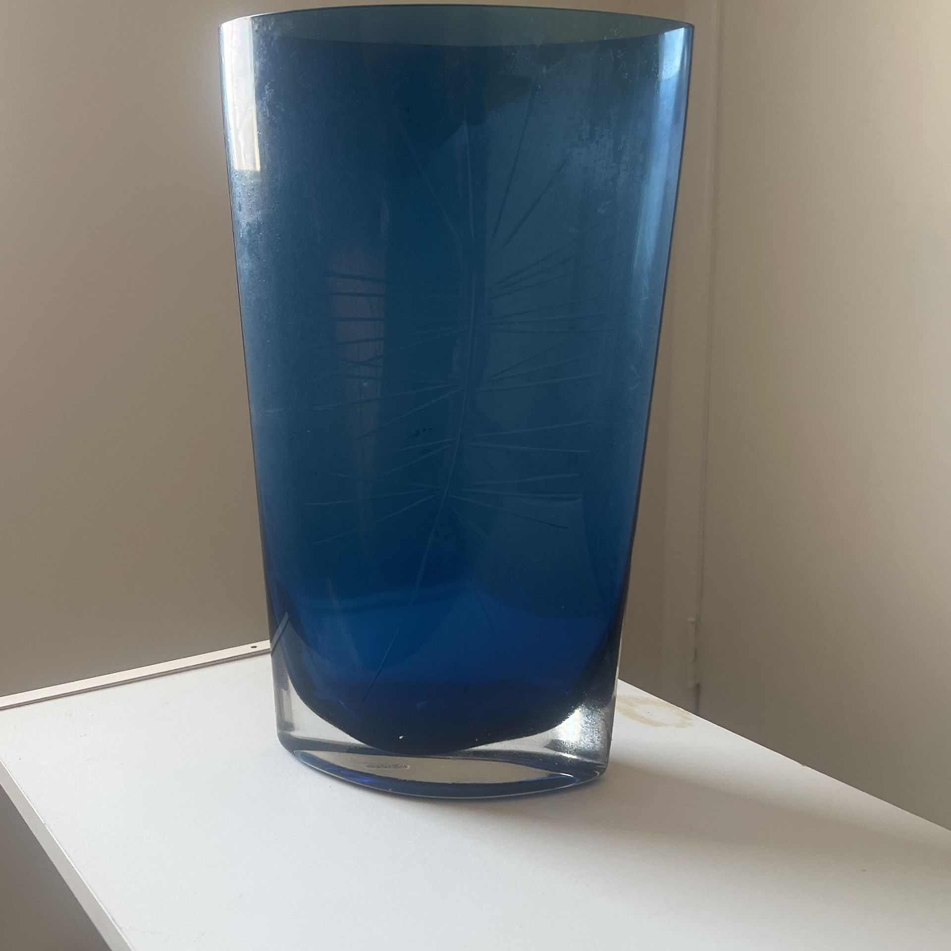 Blue Crystal Art Glass Vase 12”-Royal Gallery Collection ,Floral Etched