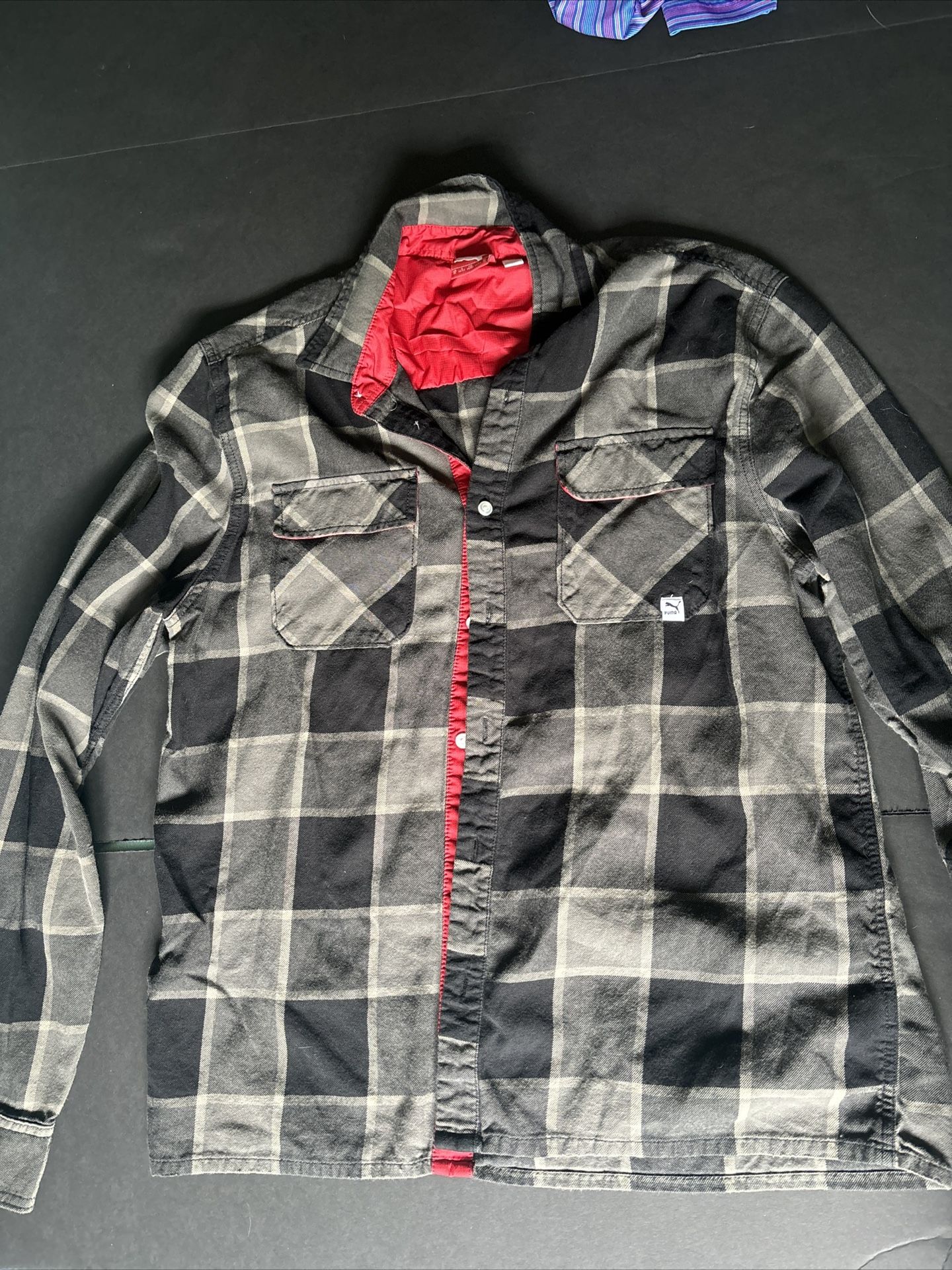 PUMA Men's XL Sport Lifestyle Flannel Long Sleeve Gray Plaid Full Button