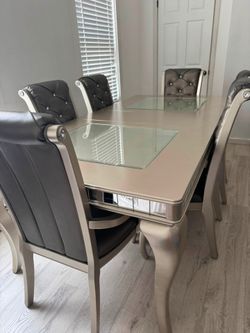 Modern Silver Dining Table Set w/ 6 Tufted Crystal Chairs