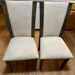 Set of 2 Upholstered High Back Dining Chairs – Beige Linen Fabric, Gray-Brown / Walnut Wood Frame – 40.5” 