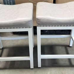 Pair Light Gray Upholstered Stools w/ White Frame