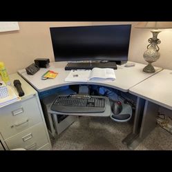 DESK  72"w x 48" deep (curved 1 in the middle); The previous owner said there is a small flaw on it. It's in my truck. I can't even lift it to try to 