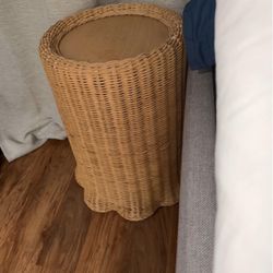 Studio Mcgee Vintage Antique Nightstand Scalloped Side Table Wood and Wicker